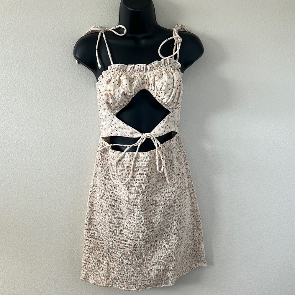 Blush BJ Cream Floral Print Cut Out Tie Smocked Mini Dress